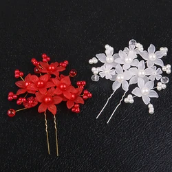 Handmade Red White Pearl Flower Wedding Hairpins Crystal Beaded Bridal Hair Pins Sticks For Women Girls Hair Jewelry
