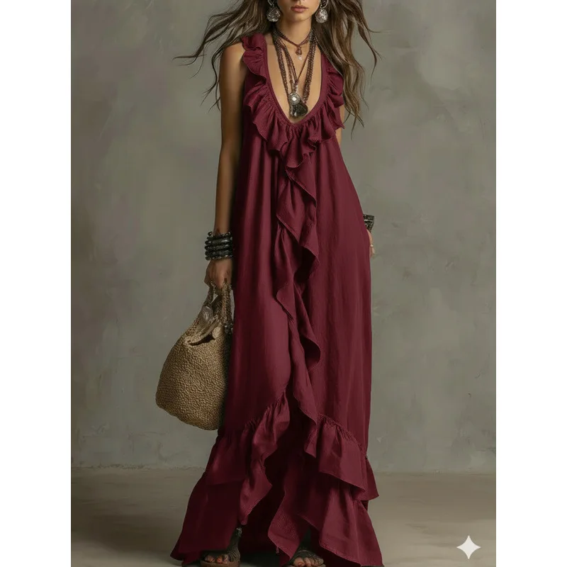 European Boho Women's New Maxi Dress Casual Tank Top Sleeveless Ruffle Trim Sexy V Neck Long Dress Beach Vacation Loose Dress