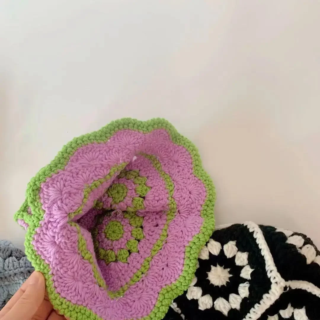 Sombrero de pescador con volantes para niños, pasamontañas de lana tejida a mano, flor hueca, sombrero de Sol para jardín, sombrero de pescador para