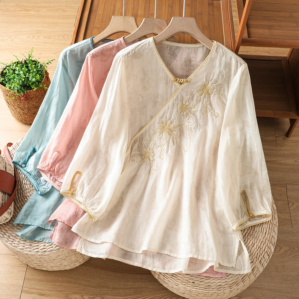 

plus Size Women's T-Shirt V-Neck Embroidered Side Buttoned Base Shirt Loose Fit Summer New Style Chinese Style Casual Wear