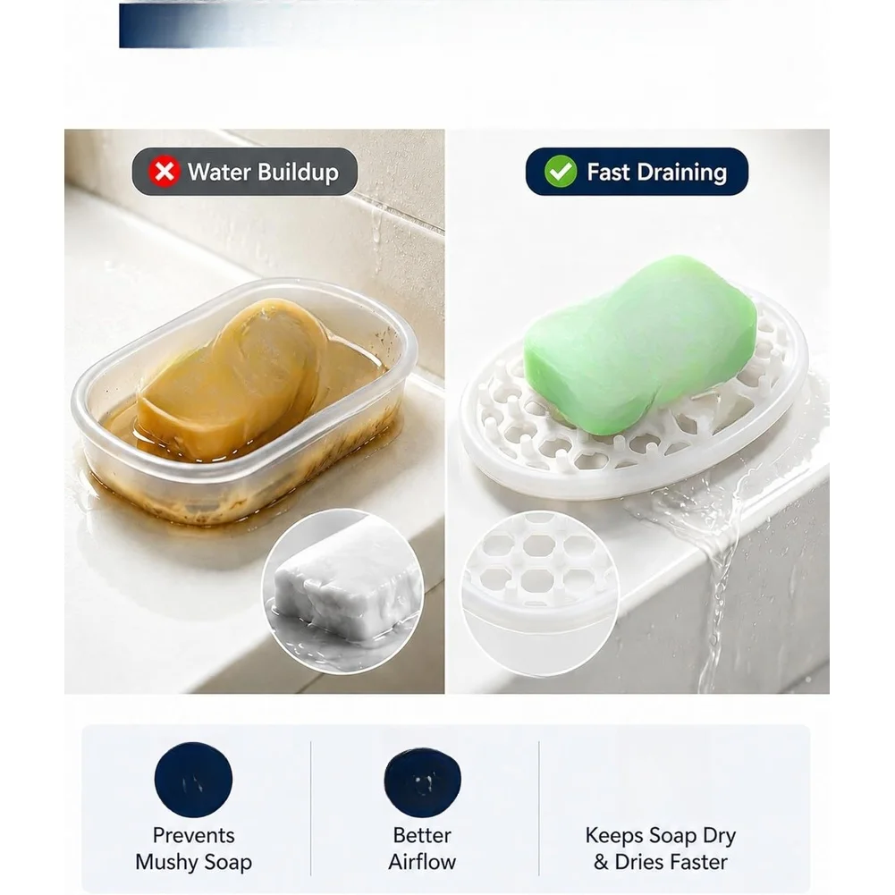 3 Pack Clear Silicone Soap Holder with Drain for Bathroom Kitchen Bathtub 12cm x 8cm x 1.15cm Space Saving Fast Drying