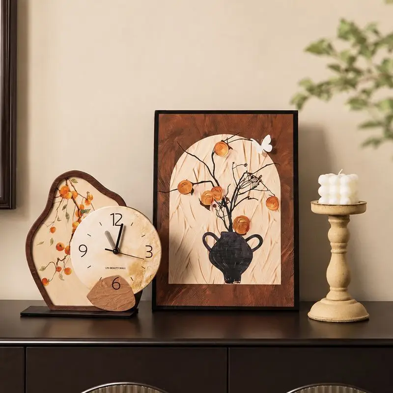 Silent Non Ticking Desk Table Clock Vintage Persimmon Pattern Wooden Aesthetic Desktop Clock For Home Living Room Bedroom Decor