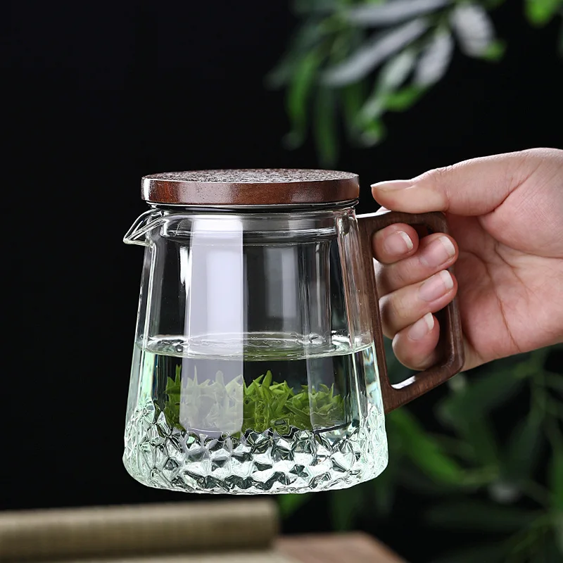 

500ml High Borosilicate Office Tea Cup Tea Water Separation Side Wooden Top with Lid Glass Teapot Hammer Pattern Three-piece Cup