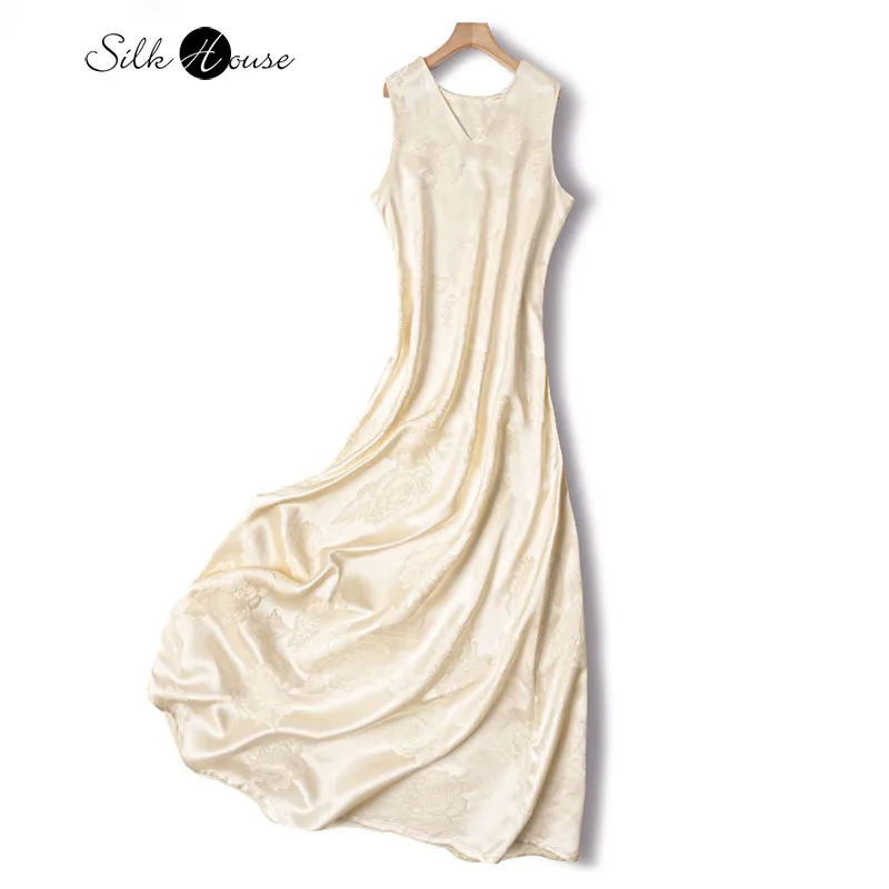 

35MM Heavy Satin 100% Natural Mulberry Silk Jacquard Satin Round Neck V-neck Two in One A-line Vest Women's Fashionable Dress