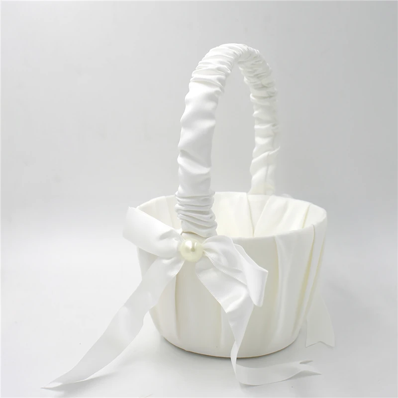 White Flower Girls Basket White Satin Pearl Knot Flower Ladies Flower Baskets 2024 Wedding Accessories Supplies