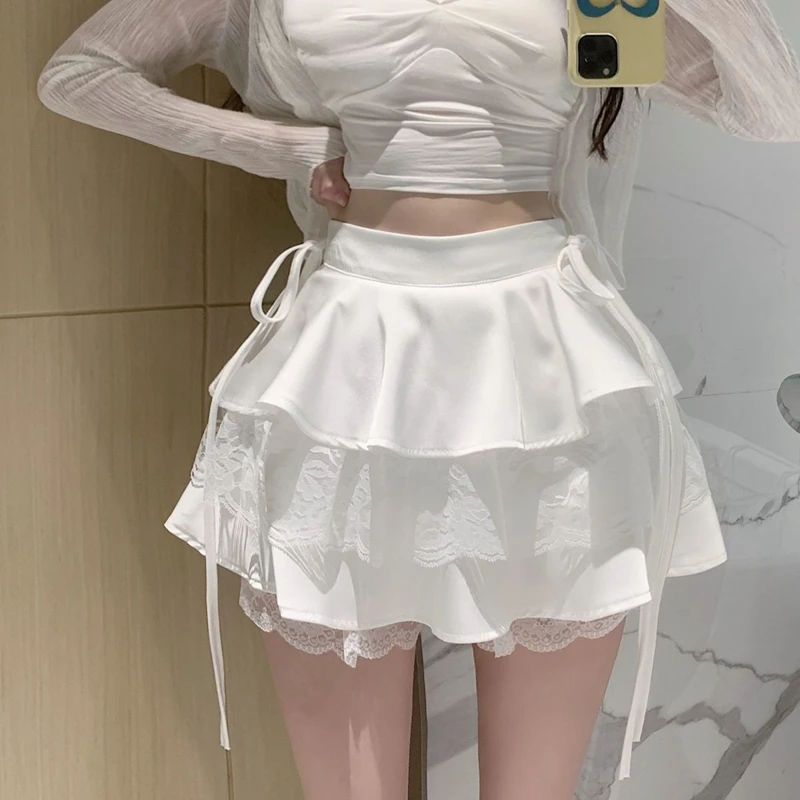 Casual Sweet Ball Gown Women Mini Skirt Black High Waist Lace Patchwork Y2k Clothes All Match Ruffles Ladies White Shorts Skirt