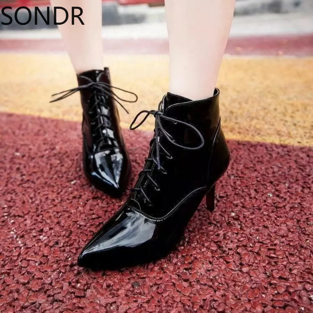 

Women's Boots Patent Leather Lace-Up Kitten High Heels Pointed Toe Ankle Boots Shoes Plus Size New 2024