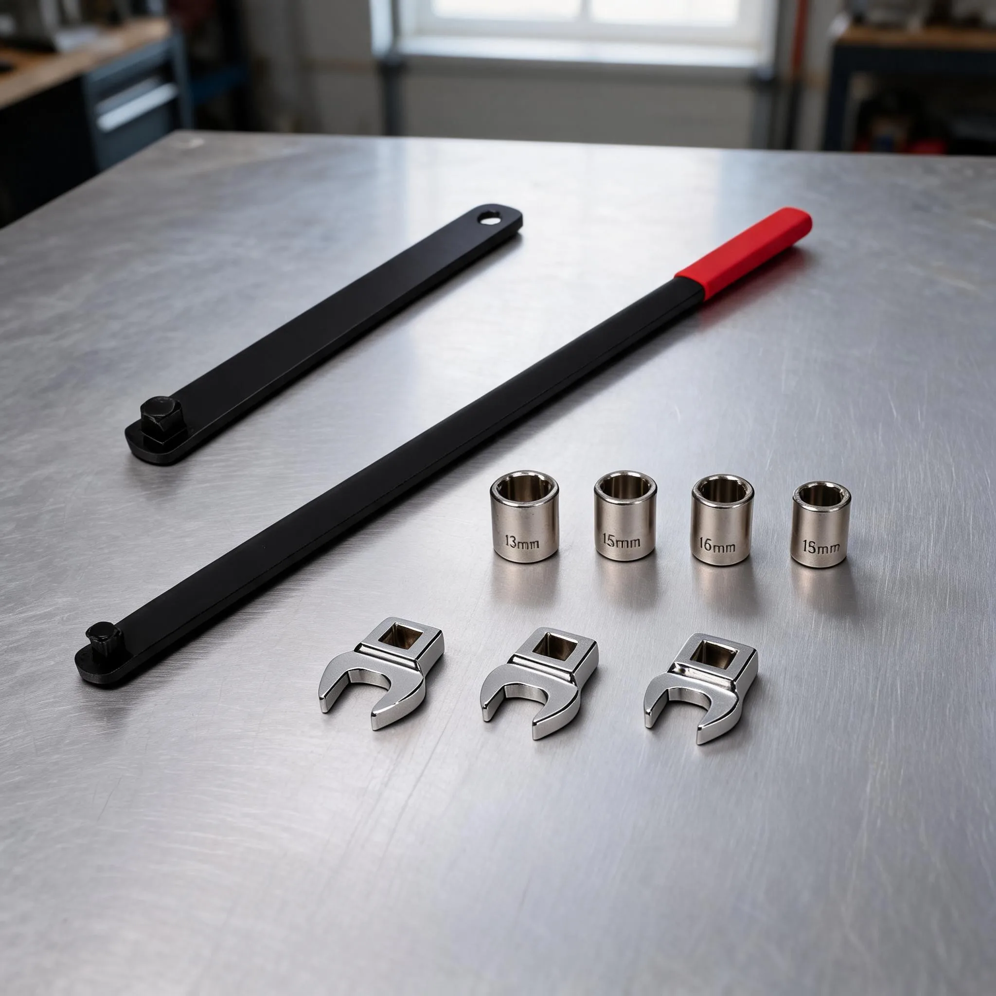 Professional Folding Belt Pulley Wrench Set 9 pcs Includes Long Handle Wrench Connecting Rod and Sockets 13mm to 18mm