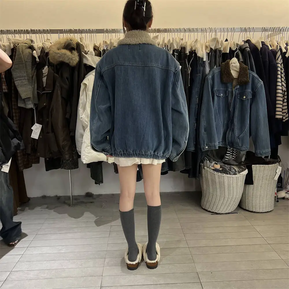 Denim Coats Moto Biker Jeans for Women Jackets Zipper Pocket Turn Down Collar Long Sleeve Thick Loose Casual 2025 Autumn Winter