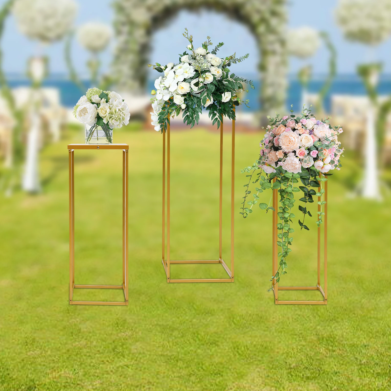 Wedding Flower Stand, Set of 3 Gold Square Supports, Durable Carbon Steel with High-Temperature Paint, Sizes 20x20x50cm, 23x23x60cm, 26x26x70cm, Decorative Floral Display for Weddings, Parties, DIY Event Decoration