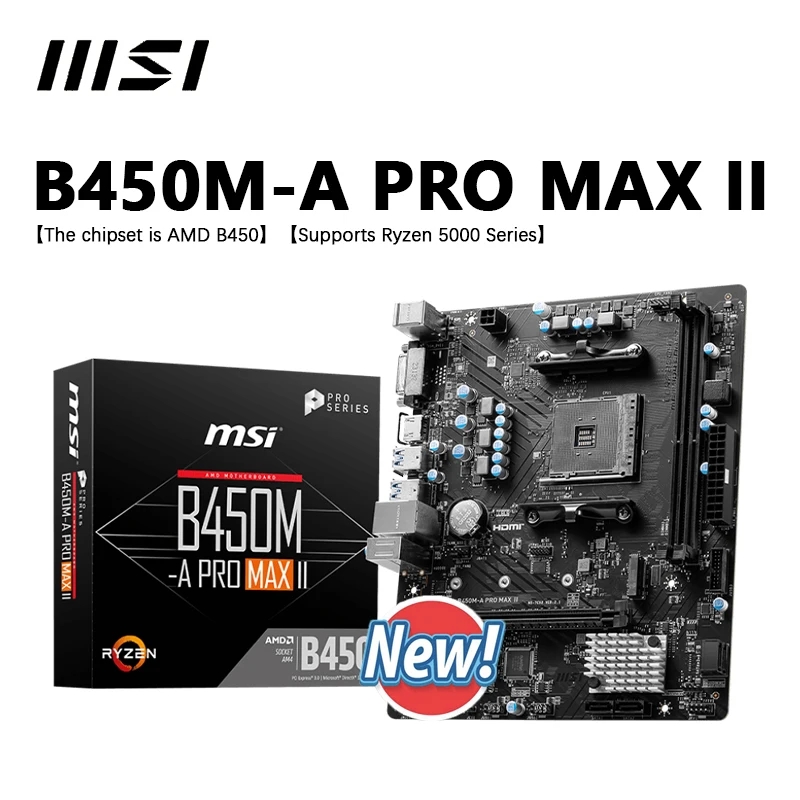 

MSI New B450M A PRO MAX II mATX AMD B450 DDR4 4133(OC) MHz,M.2,SATAIII,USB3.2, DVI-D,32G,best support Desktop CPU Socket AM4