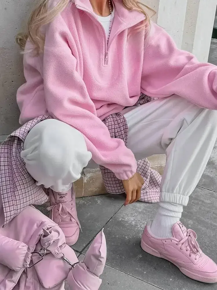Fmxires Fashion Pullover Sweatshirt European Style Solid Color Long Sleeve All Match Loose Casual Top Women 2025 New Autumn