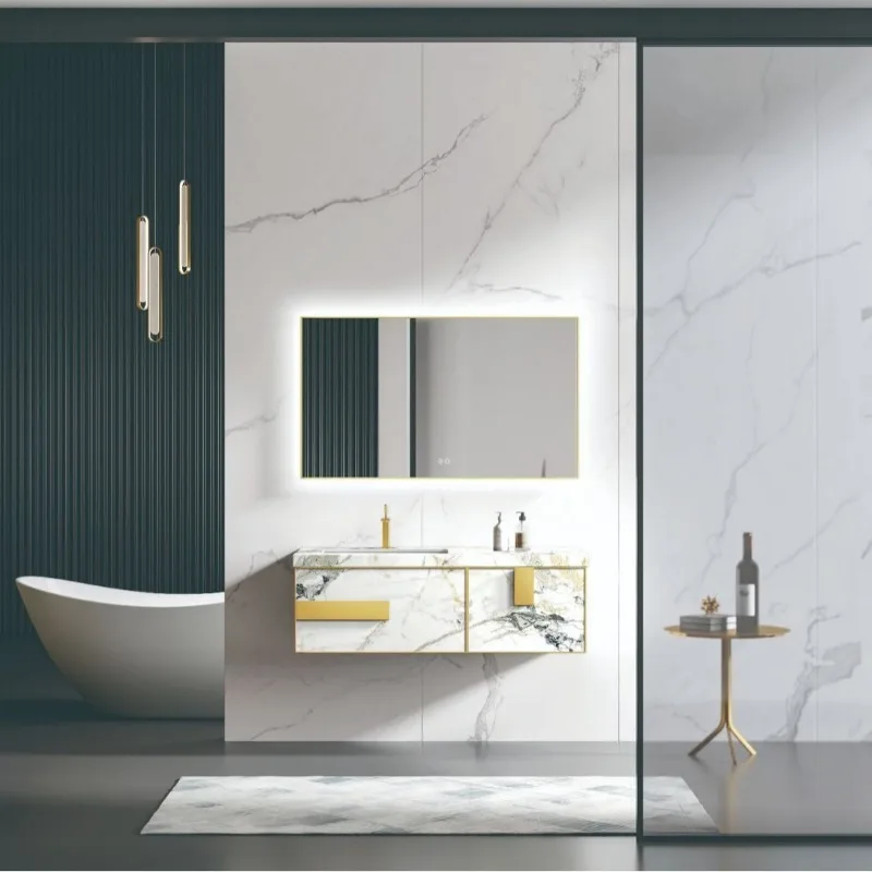 White rock slab washstand integrated bathroom cabinet mirror washstand basin cabinet