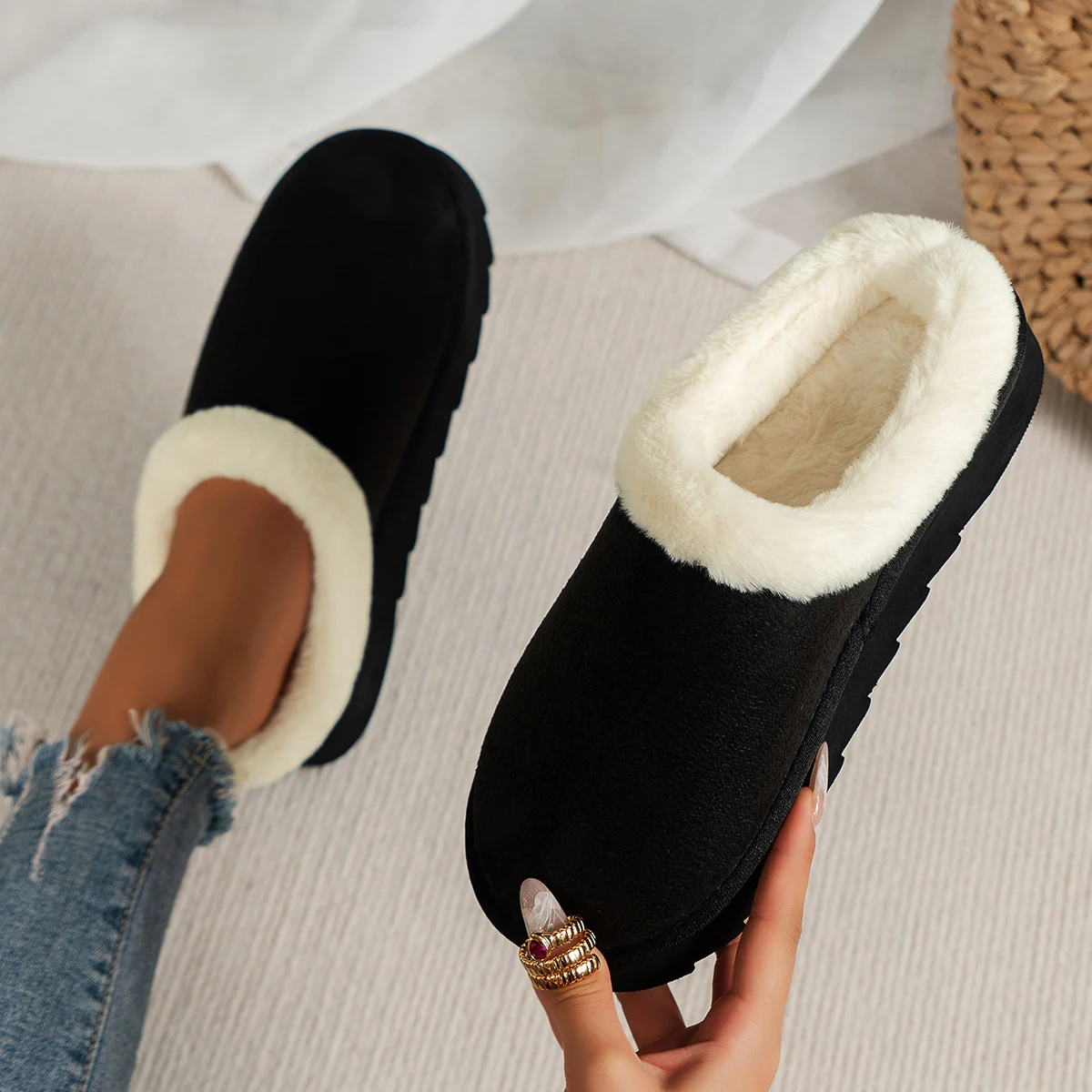 Wintermode Damen Flauschige Dicksohlige Freizeitschuhe, Dicksohlige Rutschfeste und Warme Hausschuhe mit Fellfutter – Detail 16