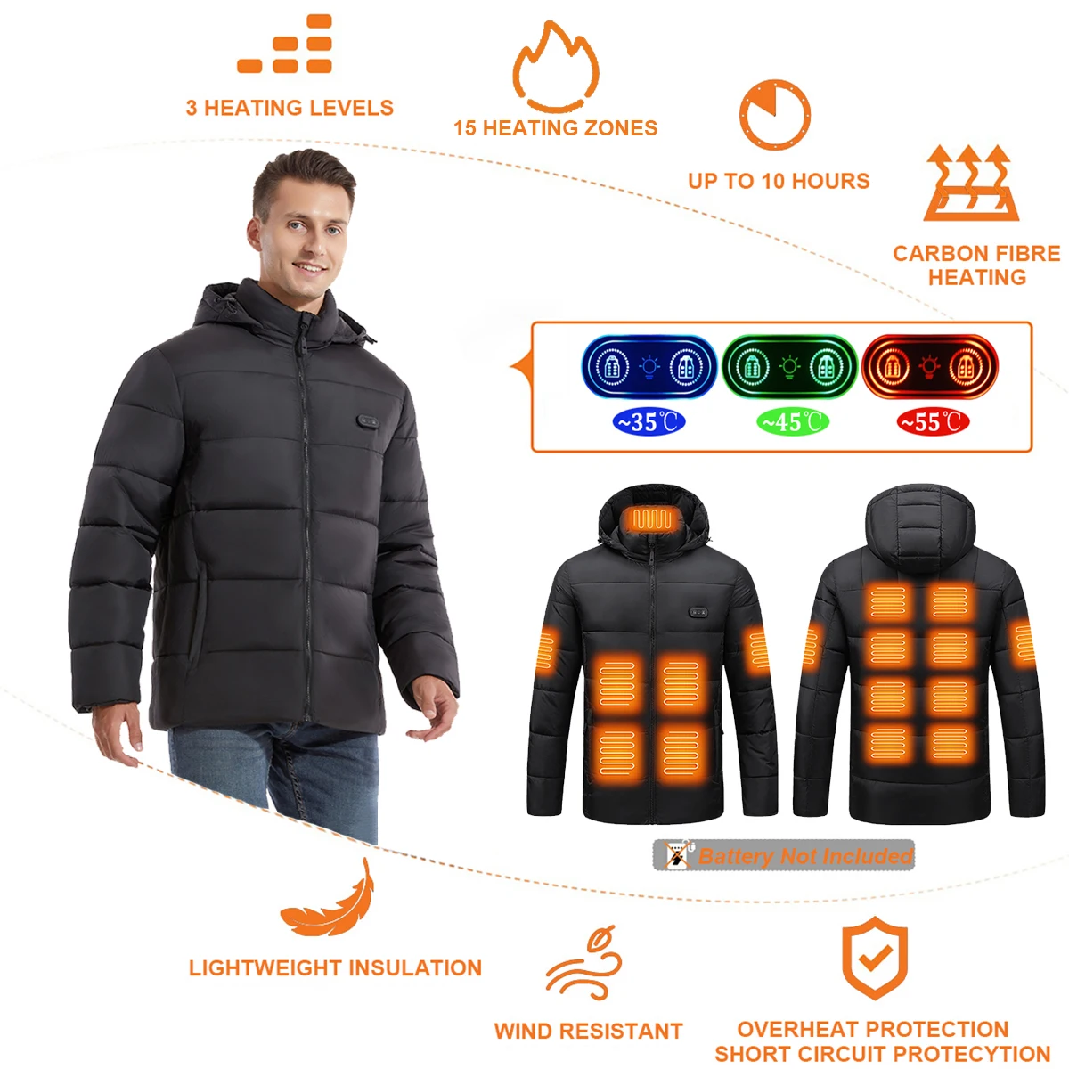 2026 New Heated Jacket, Winter Warm Outdoor USB Electric Heated Cotton Jacket with 15 Carbon Fiber Heating Pads