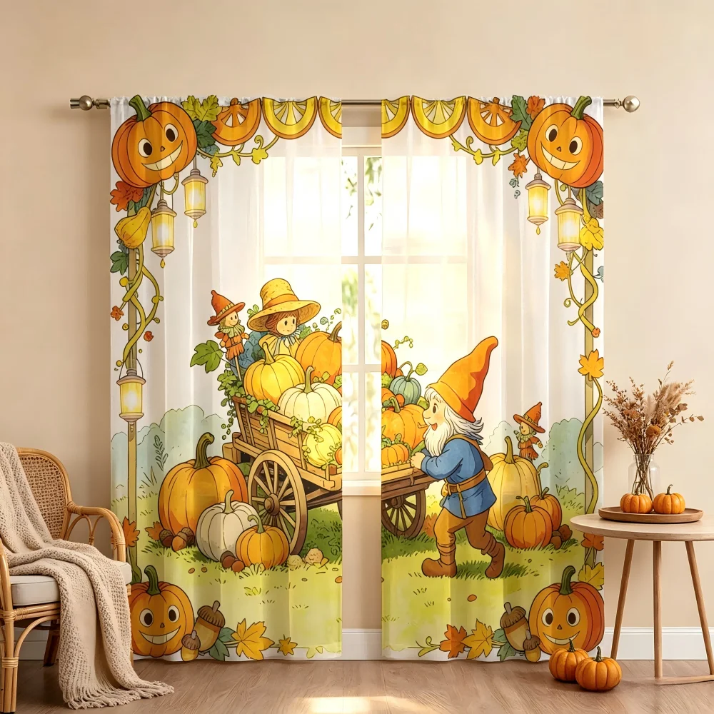 2PCS Digital Print Sheer Curtain, Harvest Fairy Tale, Autumn Cozy Seasonal - Voile Drapes for Bedroom Living Room Decor