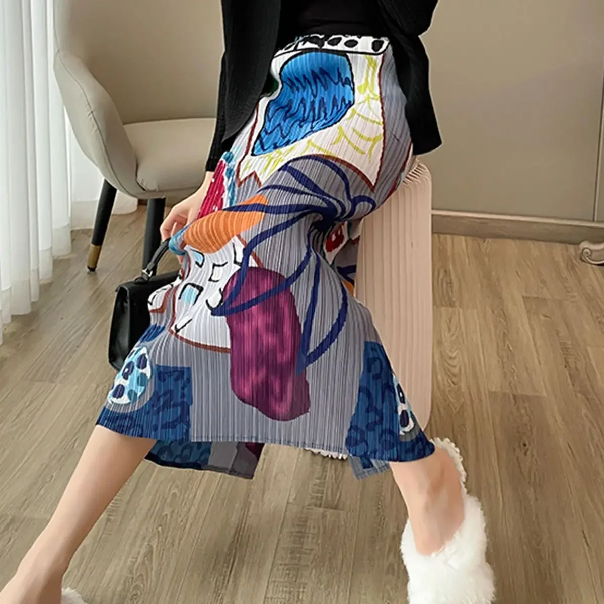 ฤดูร้อนจีบครึ่งกระโปรง 100 จีบกราฟฟิตีแฟชั่นห่อก้นกระโปรงครึ่งสไตล์เกาหลีกระโปรงยาว