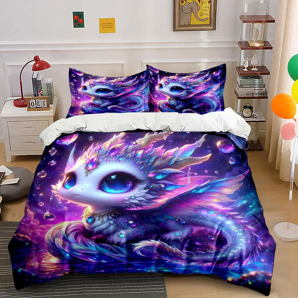 Fantasy Jewel-Toned Dragon Duvet Cover Set with 3D Print Design Soft Polyester Bedding Set All-Season Comfort Machine Washable