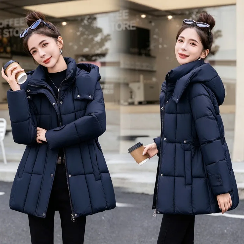 Korean Style Quilted Padded Coat Women Mid-Length Hooded Cinched Waist Zip Up Thickened Thermal Windproof Winter Outerwear