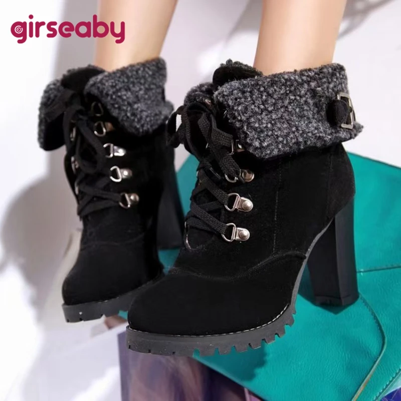 

Girseaby 2025 Warm Snow Classic Fur Women Ankle Boots Round Toe Chunky High Heels Flock Suede Lace Up Plus Size 41 42 43 Female