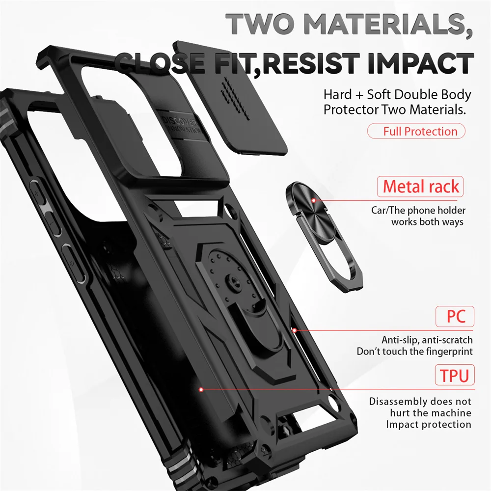 For Xiaomi Redmi Note 13 Pro 4G 5G Case Slide Lens Protect Shockproof Armor Phone Cases For Xiaomi Poco C65 4G Ring Holder Cover