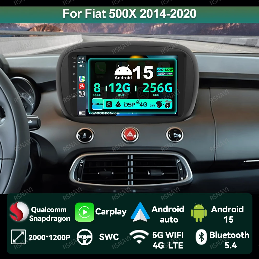 

Android 15 Car Radio For Fiat 500X 2014-2020 DSP Snapdragon IPS Navigation 8 Core Wireless DVD WIFI+4G Carplay Viedo Player RDS