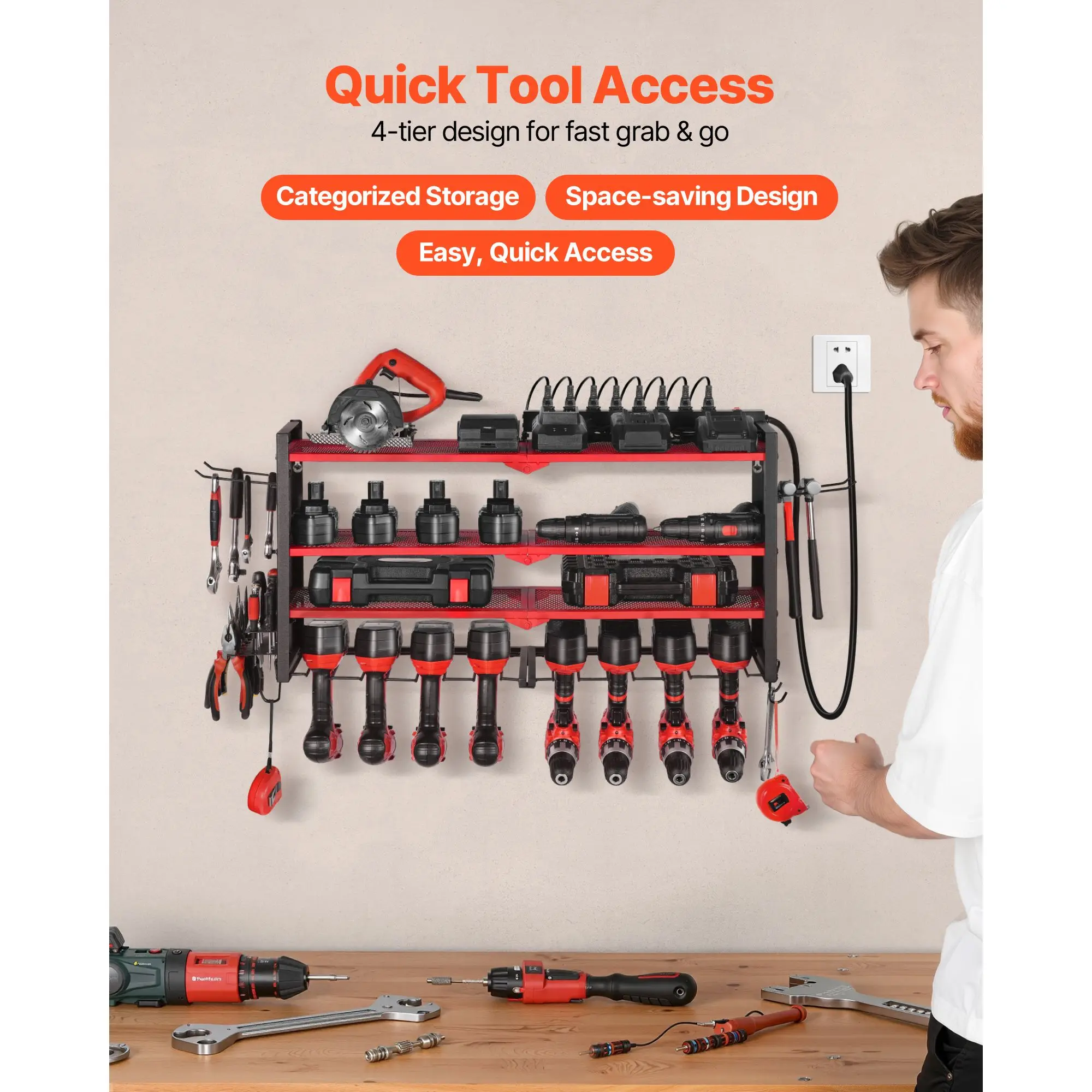 Power Tool Organizer with Charging Station, 3-Layer Drill Storage Rack with 4 Drill Holders & Side Pegboard, Garage Tool
