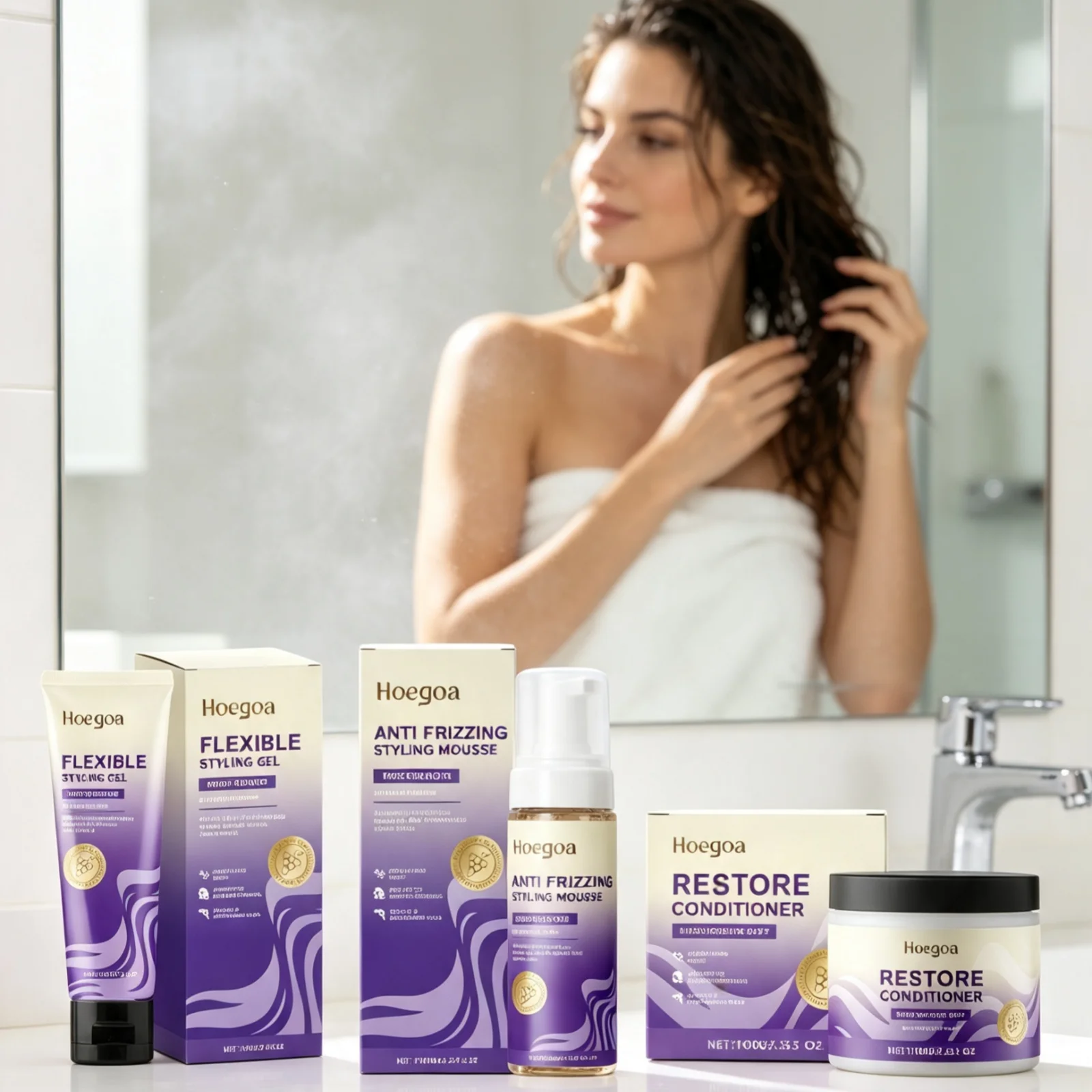Hoegoa Hair Care Set Deep Moisturizing Enhance Hair Shine Flexible Styling Gel Anti Frizzing Styling Mousse Restore Conditioner