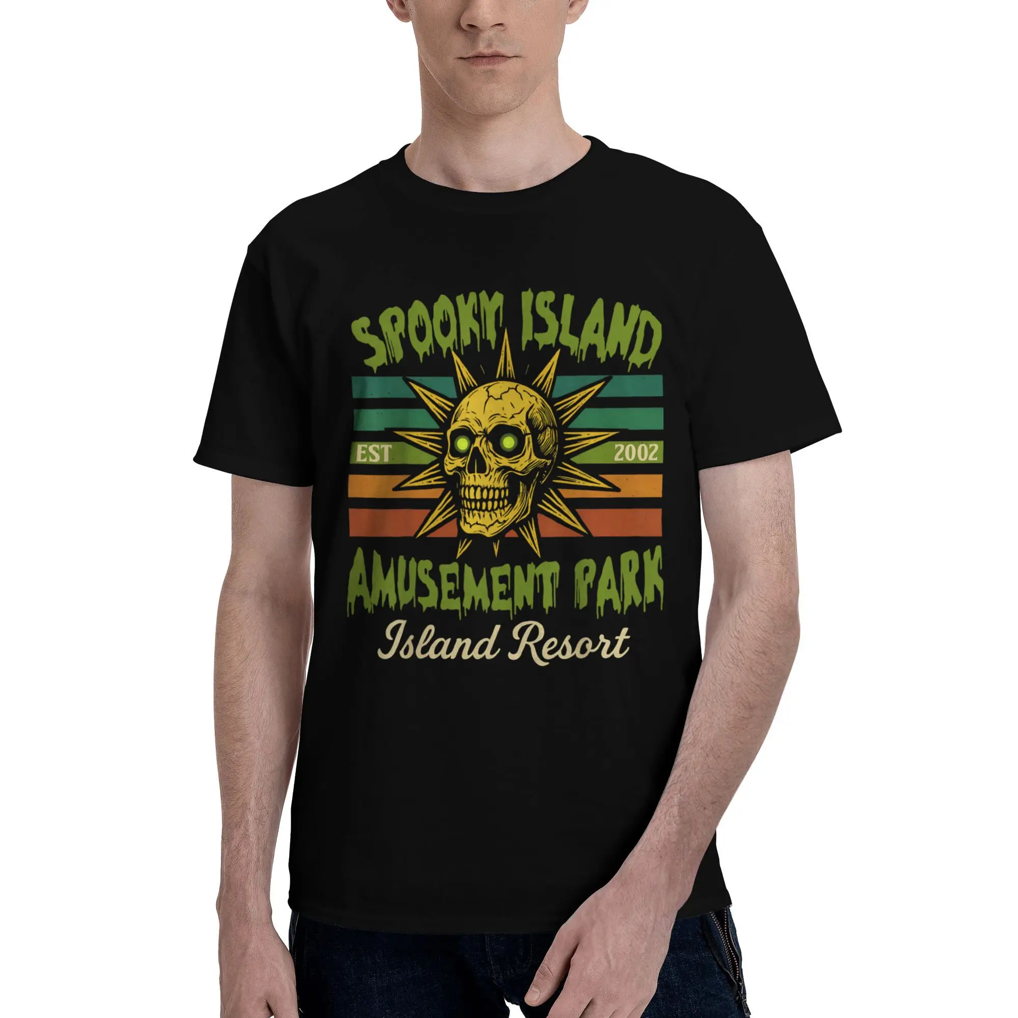 

Halloween Spooky Island Est 2002 Amusement Park Skull T-Shirts Men Casual Pure Cotton Tees Round Neck Short Sleeve T Shirt