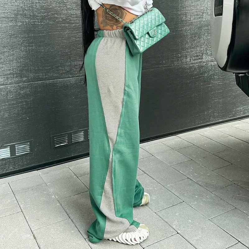 Patchwork Casual Fleece Sports Trousers Women Hipster High Waisted Wide Leg Pants Fall Winter 2024 Harajuku Streetwear