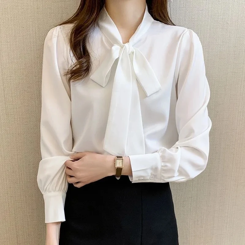 

Spring Autumn New Sle Women's Loose Long Sve Chiffon White irt Knot Tied Top Pure Color Versatile Korean Sle