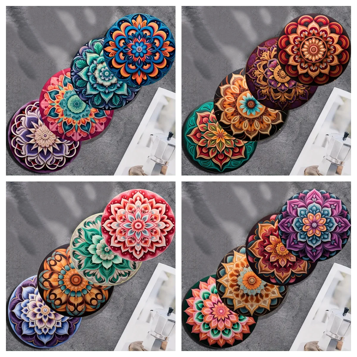 Un ensemble de 4 sous-verres artistiques avec des splendides motifs de fleurs de mandala, sous-verres en bois antidérapants, adaptés à l'usage dans le vie