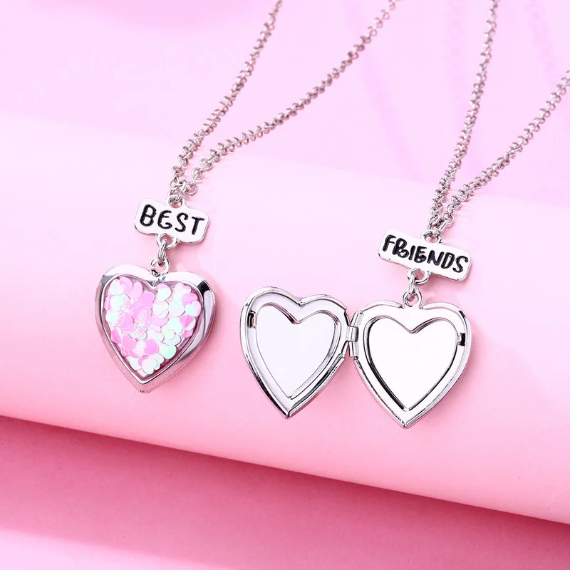 2Pcs/Set Sweet Sequins Heart-shaped Best Friends Pendant Necklace Chain Cute BFF Friendship Jewelry Charm for Girl Women