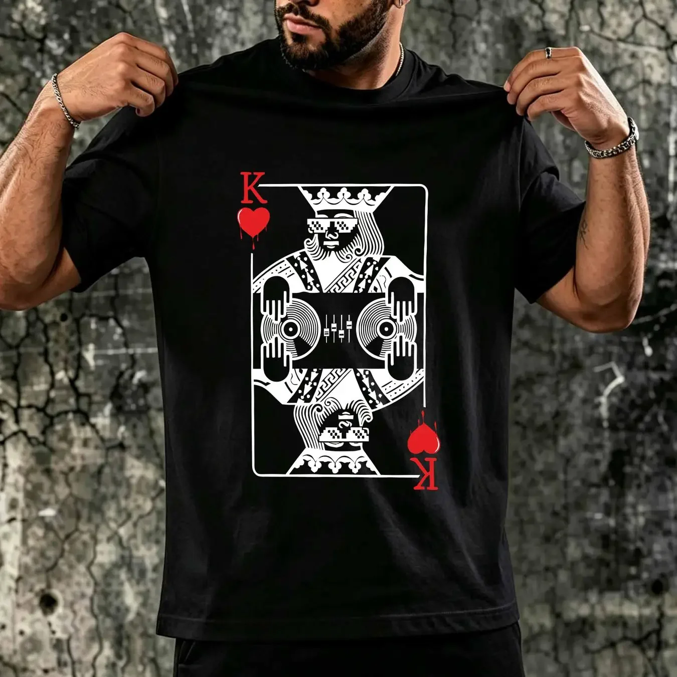 washed T Shirt King DJ Mixing Deejay Disk Jockey Vinyl Records Hearts Cards Music vintage Washed homme Breathable