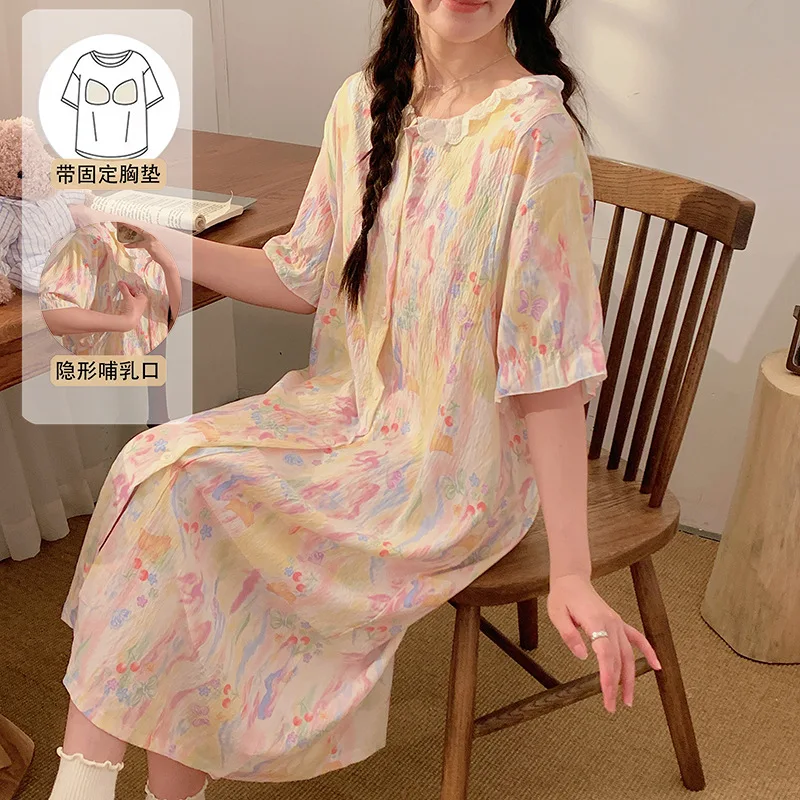 

Maternity Pyjamas Dress Summer Breastfeeding Pregnacy Women Clothing Sleepwear with Chest Pad Nursing Homewear Feeding Nightie