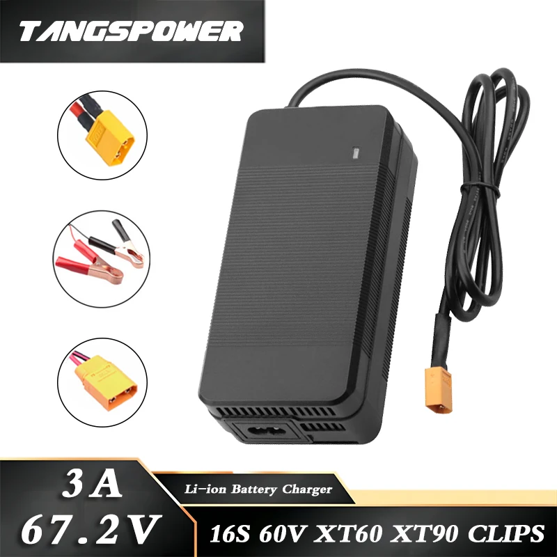 

67.2V 3A Lithium Battery Charger For 16Series 60V Li-ion Battery Pack Fast Charging XT60-XT90-Clips Connector With Cooling Fan