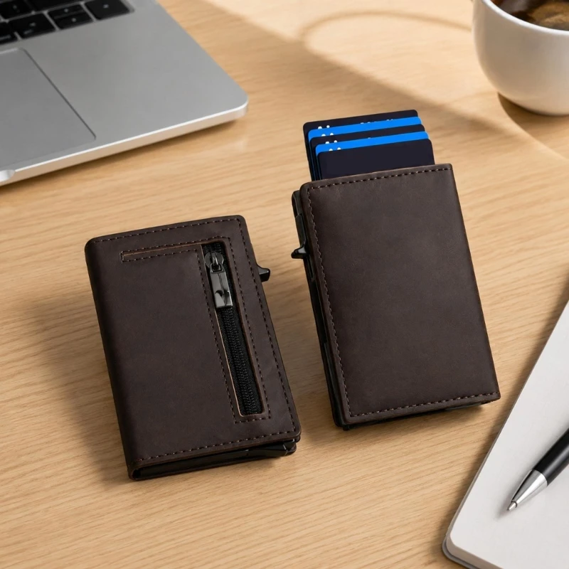 Automatic Popping up Card Holders Organizers with Side Control, PU Exterior, Aluminum Alloy Case, and Separate Zippered F19E