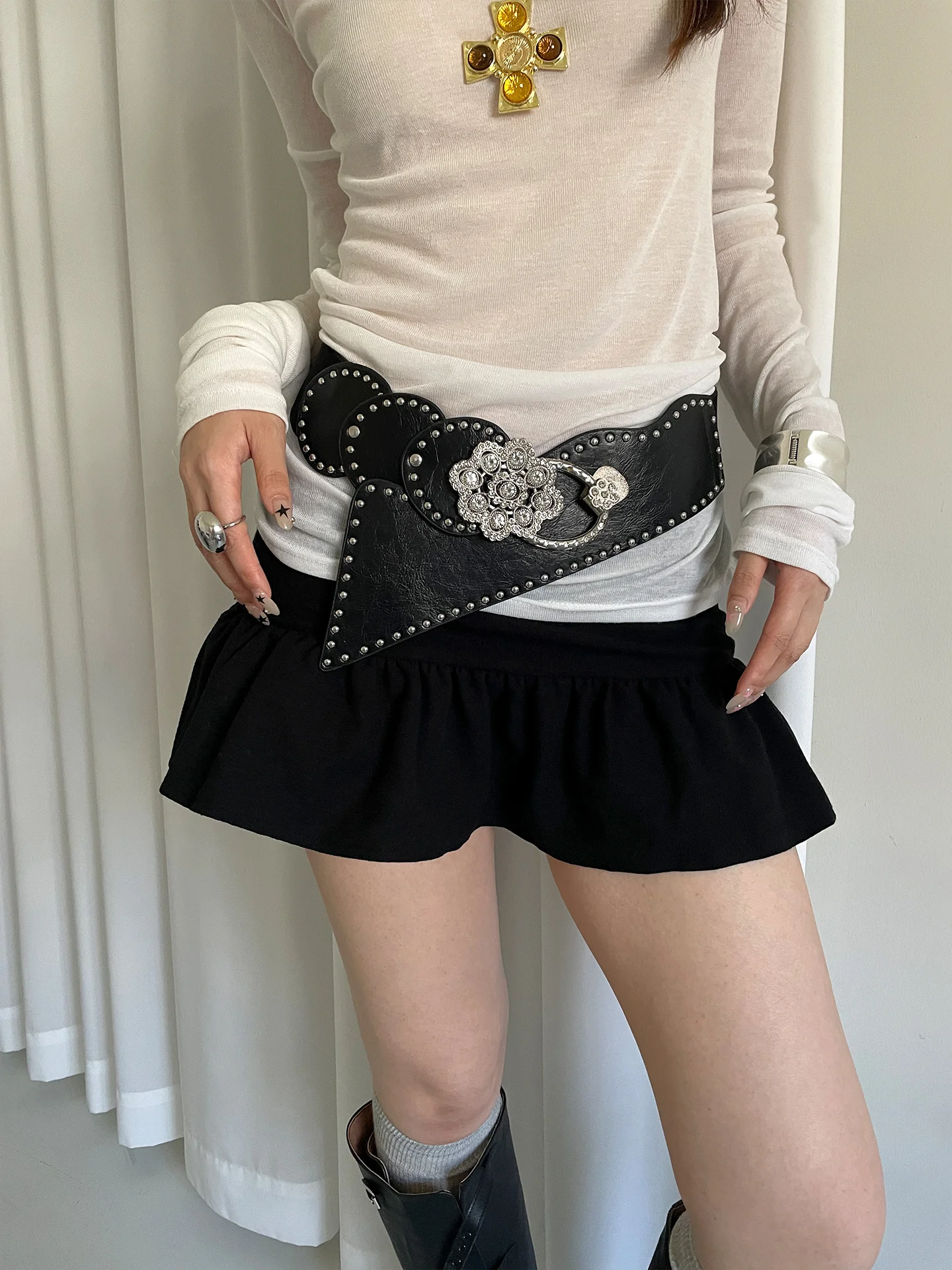 Heavy Industrial Punk Style Floral Inlaid Waist Belt For Women A Niche High-End Elastic Wide Waistband With Skirts Leather Belt