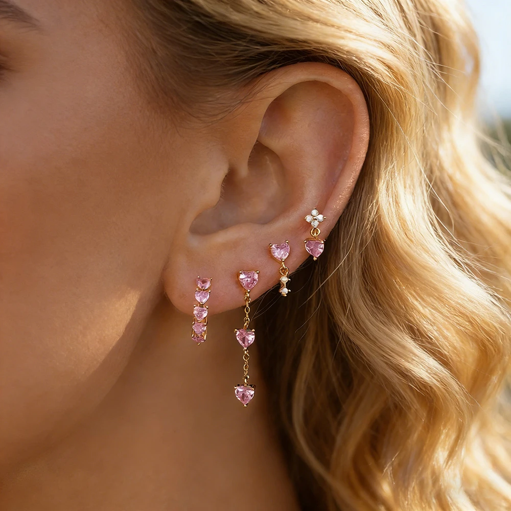 4Pcs Pink Heart Dangle Earrings Set for Women, Gold Plated Cubic Zirconia Chain Drop Studs Flower, Dainty Romantic Jewelry
