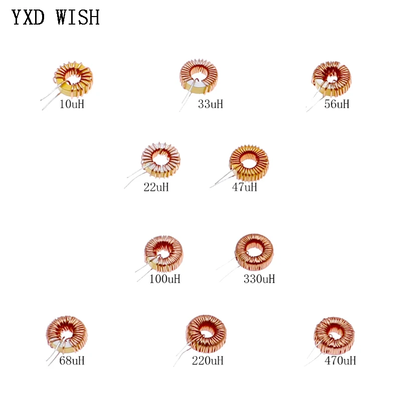 50pcs Toroid Core Inductor Wire Wind Wound Kit 10uH 22uH 33uH 47uH 47uH 56uH 100uH 220uH 330uH 470uH Inductors Set