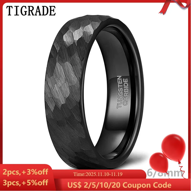 

Tigrade 6mm 8mm Hammered Tungsten Wedding Rings for Men Women Black Brushed Mens Wedding Band Comfort Fit Size 6-15