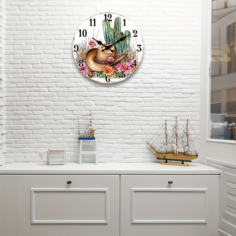 1pc 2D Flat Wall Clock Non-Ticking , Circular Clock Western Desert Flora and Fauna Design for Living Room Bedroom