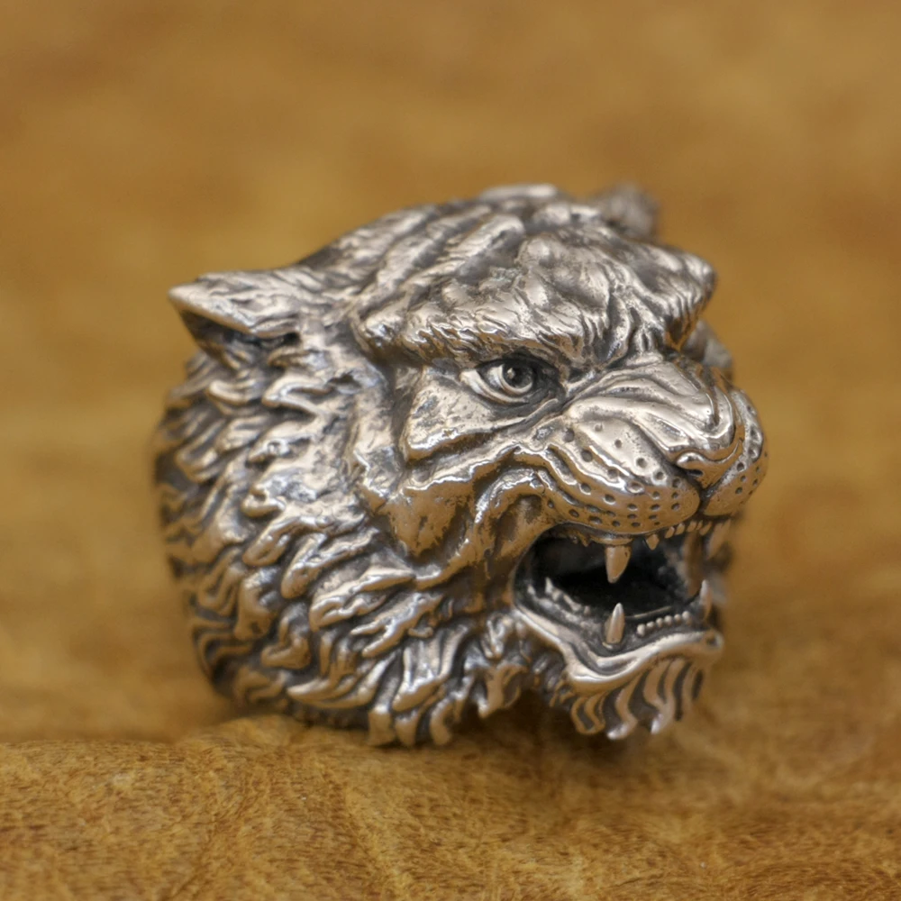 

LINSION 925 Sterling Silver King Tiger Ring Biker Punk Jewelry TA396 US Size 7~16