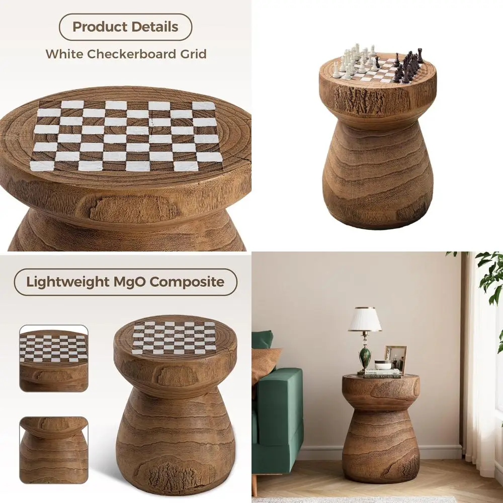 

14'' Concrete Top Wooden Outdoor Side Table, Round End Table for Garden, Deck, or Patio, Brown