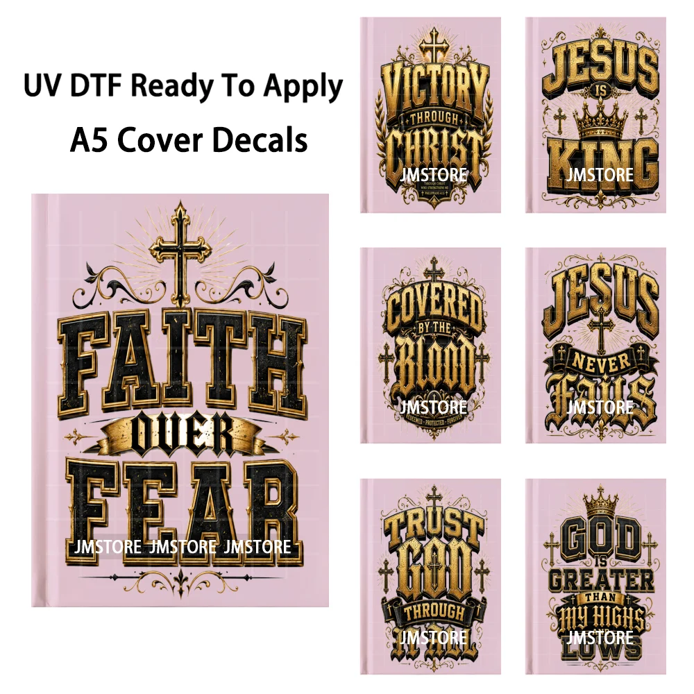 Faith Over Fear Christian God UV DTF Notebook Cover Decals Permanent Adhesive Transfer Sticker Ready To Use For A5 Journal Cover