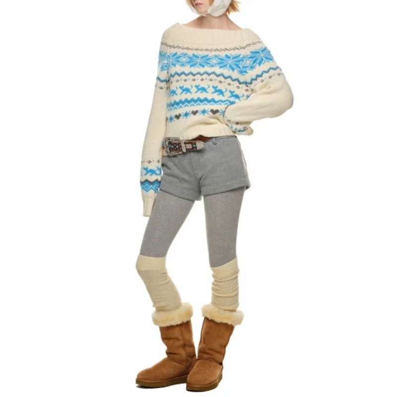 Vintage Off Shoulder Knitted Pullovers Women Sexy Korean Style Black Harajuku Sweaters Sweet Retro Y2k Print Tops