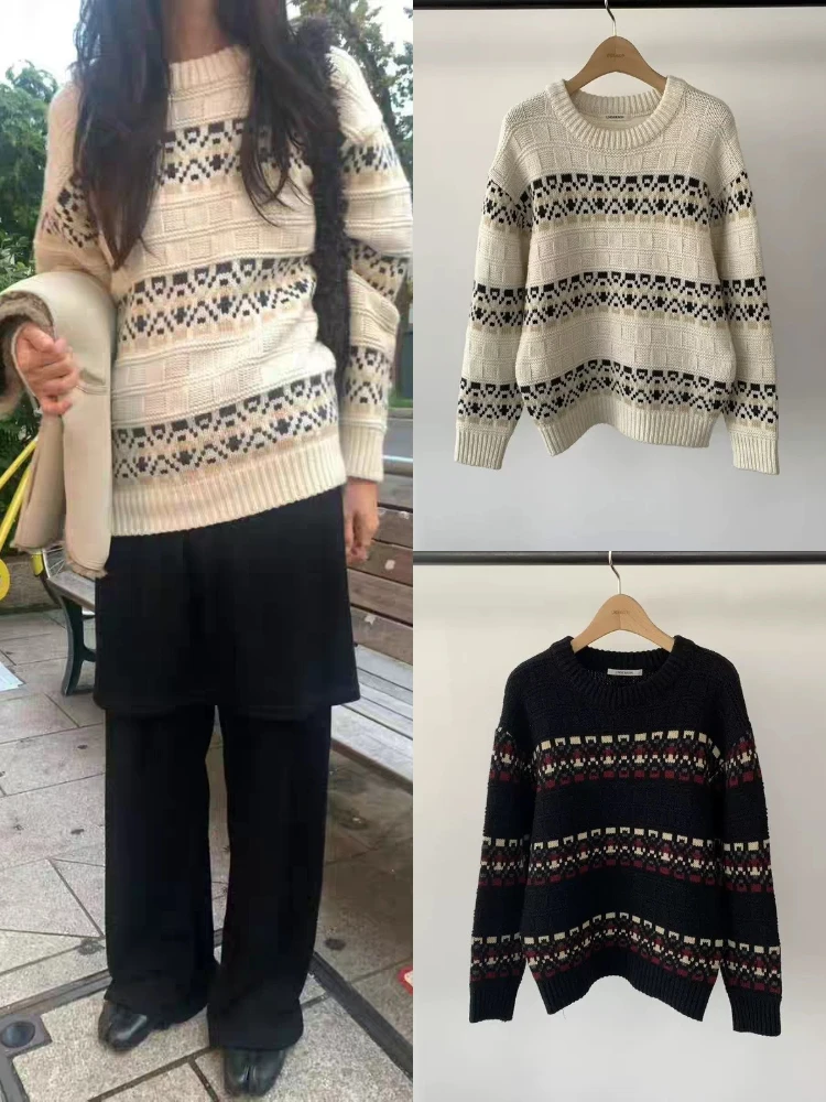 

Свободный крой в стиле ретро, женский вязаный свитер с круглым вырезом и кисточками, теплый шерстяной топ с геометрическим узором, повседневная одежда