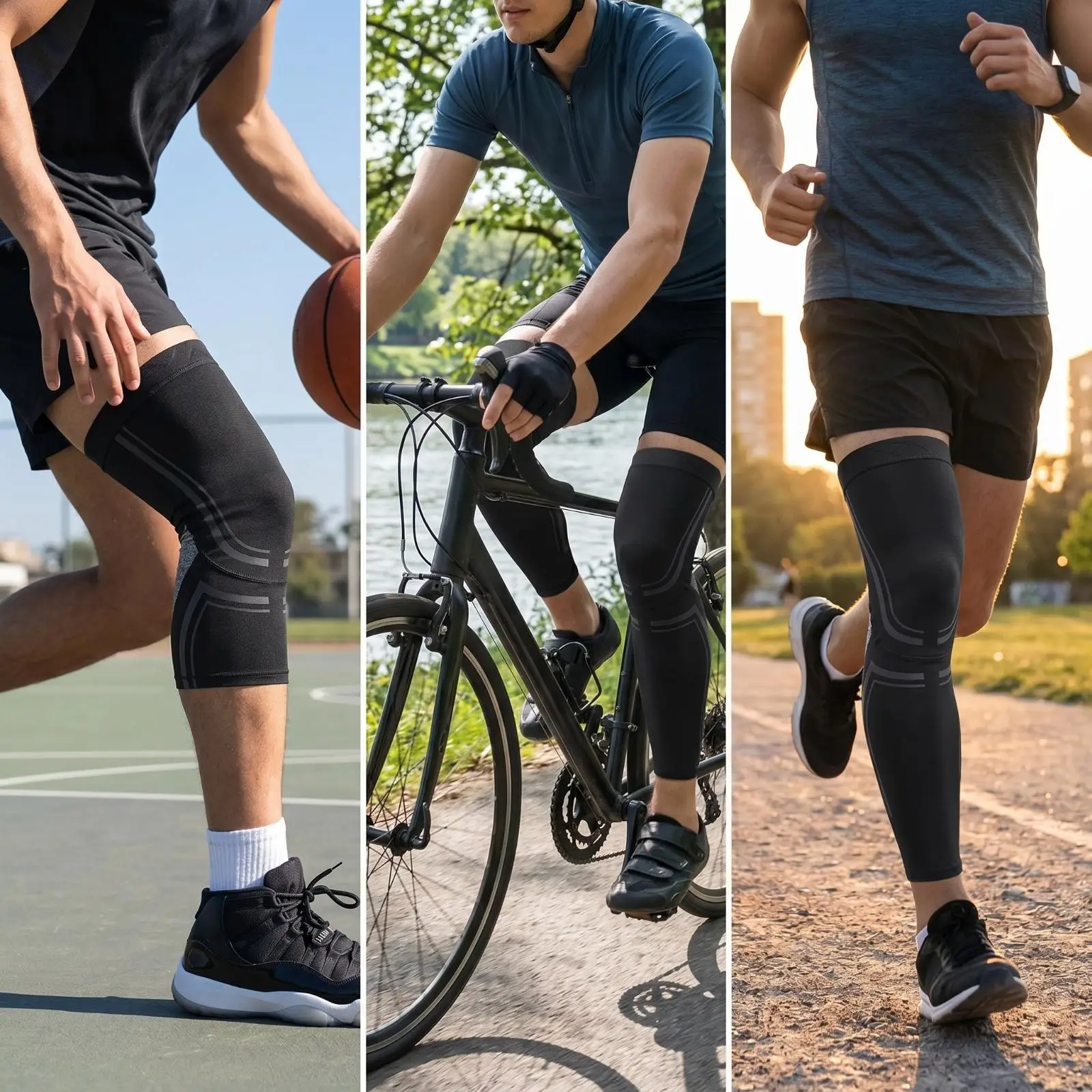 ランニング、バスケットボール、サイクリングに最適な、通気性の良いメッシュ素材を使用した、フラットシームで快適な装着感の、関節をサポートする膝用スリーブ。