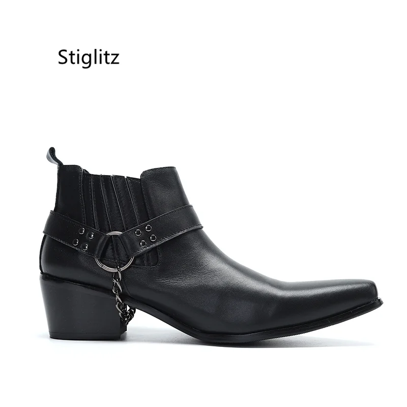 New High-Heeled Black Ankle Boots for Men Pointed Toe Zipper Men's Fashion Leather Chelsea Boots Belt Buckle Slip On Shoes