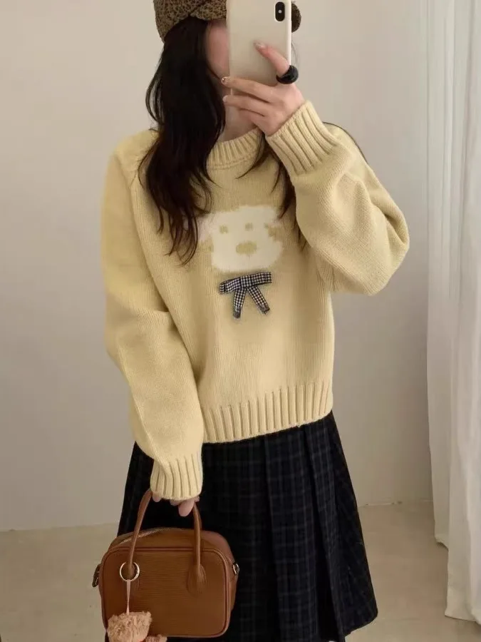

Adorable Knot Dog Sweater Women's Autumn Winter New Sle Casual Warm Knitted round Ne Soft Cozy Overhead Top